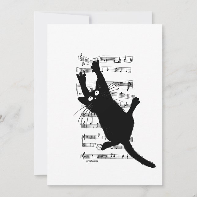 The cat hangs on musical notes invitation (Front)