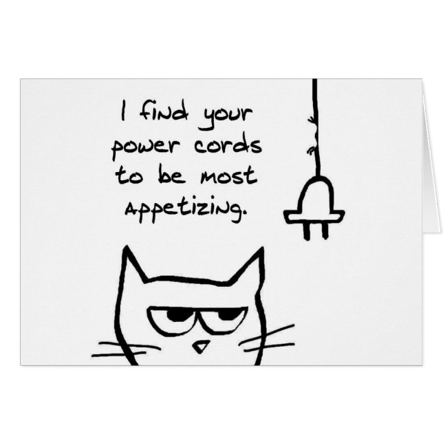 The Cat Loves Chewing Power Cords - Funny Cat Card (Front Horizontal)