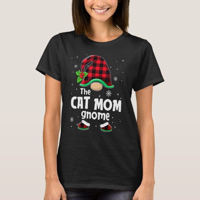 The Cat Mom Gnome Buffalo Plaid Christmas Matching T-Shirt (Front)