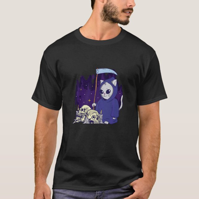 The Cat Reaper Duty Cloaked Skeleton Grim Reaper T-Shirt (Front)