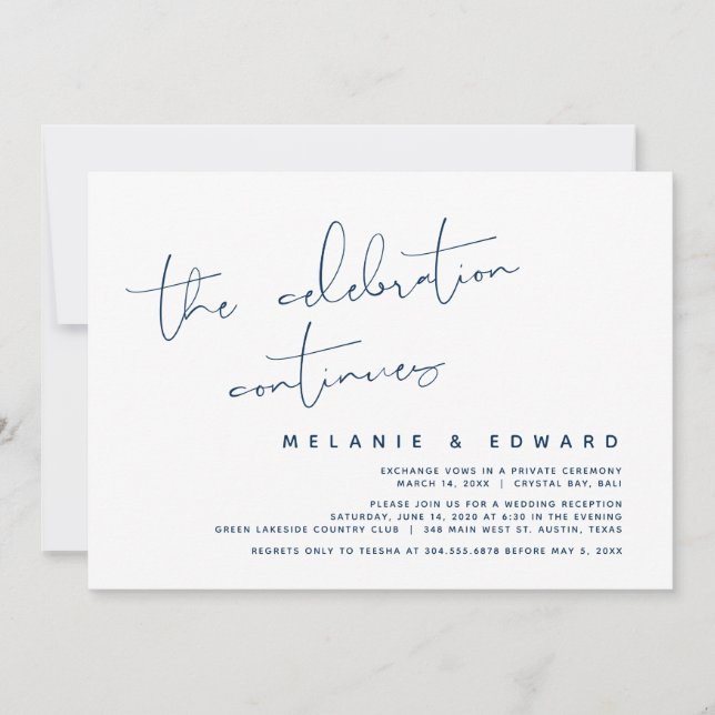 The Celebration Continues, Wedding Elopement Invit Invitation (Front)