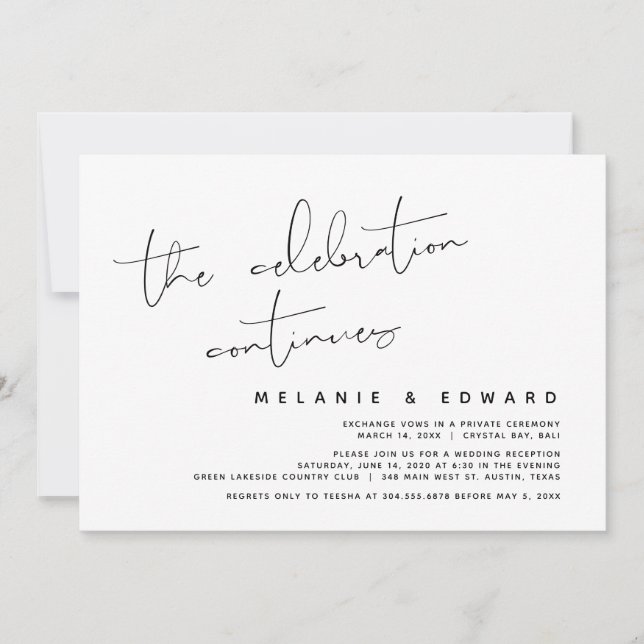 The Celebration Continues, Wedding Elopement Invitation (Front)