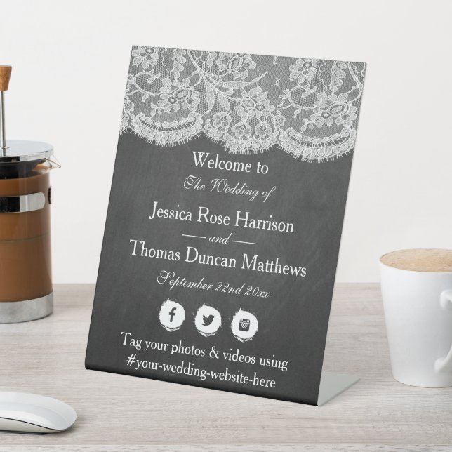 The Chalkboard & Lace Wedding Collection Welcome Pedestal Sign (In SItu)