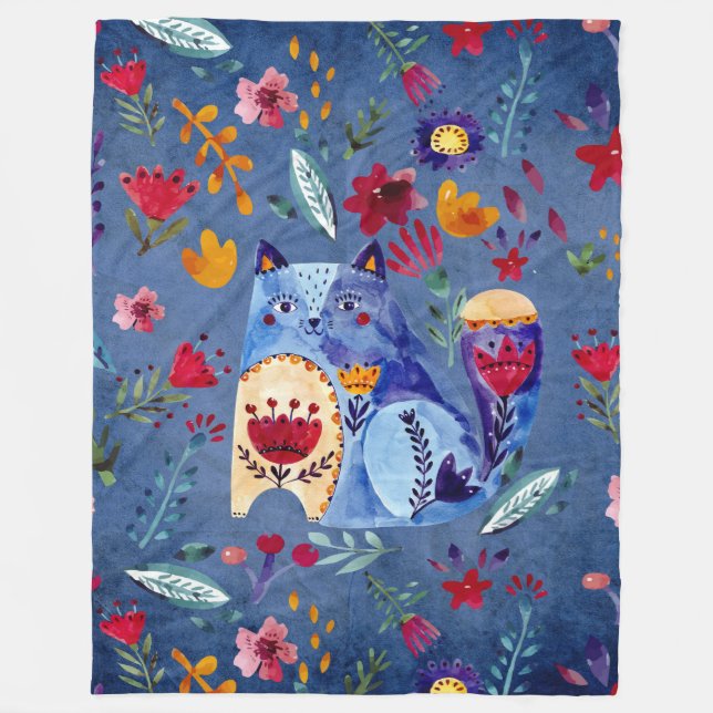 The Cheeky Cat in Flower Garden Fleece Blanket (Front)