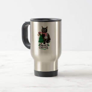 The cheerful black cat celebrates Christmas Travel Mug