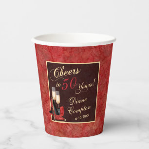 The Cheers to 50 Years Red Gold Black Birthday Paper Cups