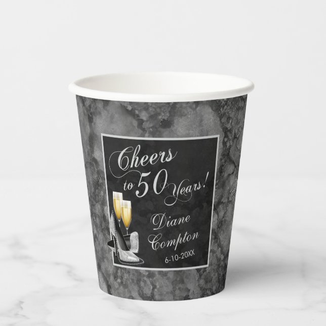 The Cheers to 50 Years Silver and Black Birthday Paper Cups (Front)