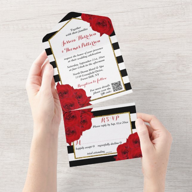 The Chic Modern Luxe Wedding Collection- Red Roses All In One Invitation (Tearaway)