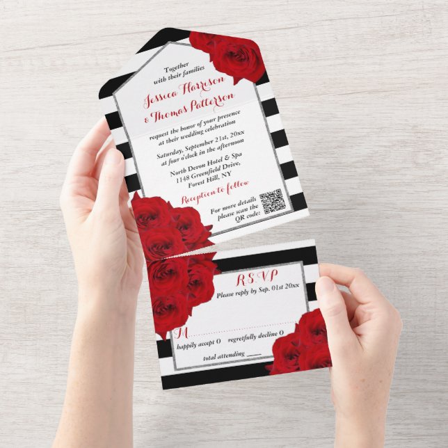 The Chic Modern Luxe Wedding Collection- Red Roses All In One Invitation (Tearaway)