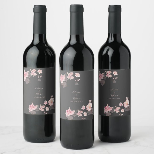 The chic pink sakura flowers on a dark grey wine label (Bottles)