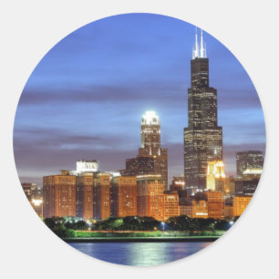 The Chicago skyline from the Adler Planetarium Classic Round Sticker