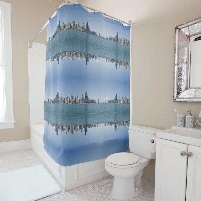 The Chicago Skyline with Mirrored Pattern Shower Curtain (In Situ)