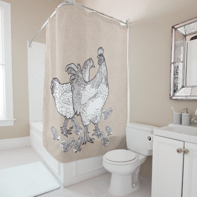 The chicken family shower curtain (In Situ)