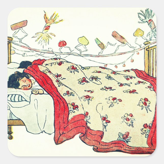 The children were nestled all snug in their beds  square sticker (Front)