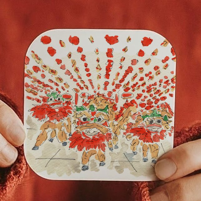 The Chinese Lion Dance Watercolor Square Sticker (The Chinese Lion Dance Watercolor Square Sticker)