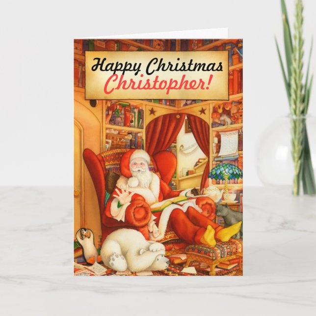 The Christmas Bear and Santa Custom Christmas Holiday Card (Front)