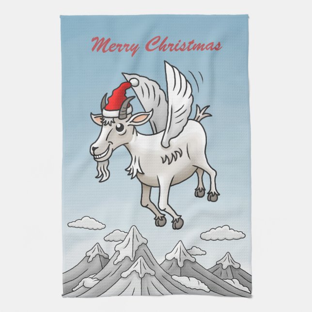 The Christmas Goat's Flight in the Mountains Tea Towel (Vertical)