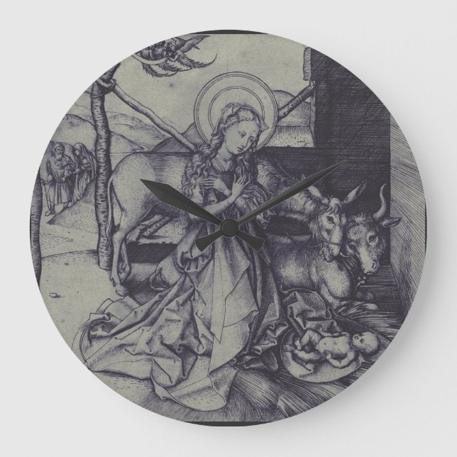 The Christmas Nativity Stark Ink Art Large Clock (Front)