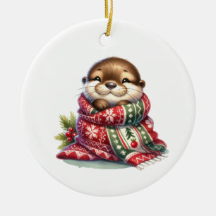 The Christmas Otter in a Scarf Ceramic Tree Decoration