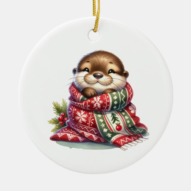 The Christmas Otter in a Scarf Ceramic Tree Decoration (Front)