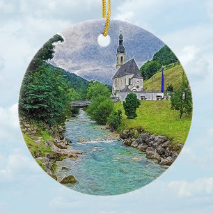 The church in Ramsau - idyll Ceramic Tree Decoration