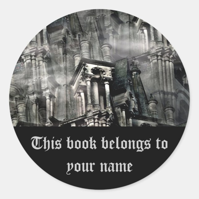 The church of illusions gothic fantasy book plate classic round sticker (Front)