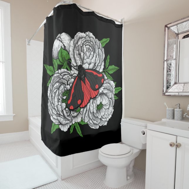 The cinnabar moth shower curtain (In Situ)