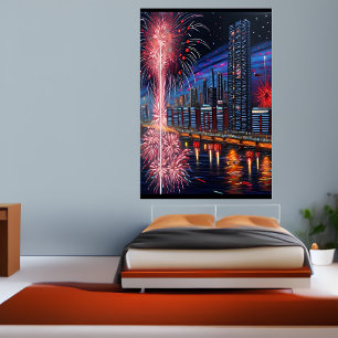 The city and firework   AI Art Poster