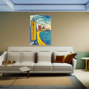 The city by the ocean beach   AI Art Poster