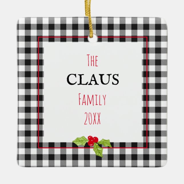 The Claus Family Plaid Holly Christmas Santa Ceramic Ornament (Front)