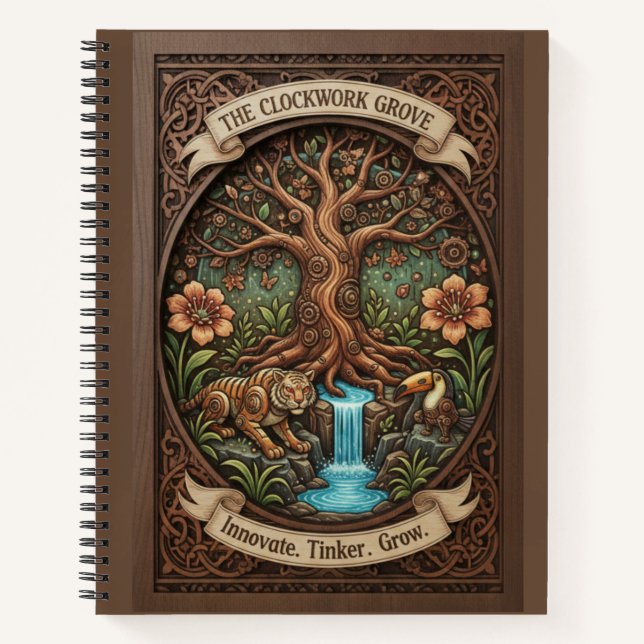 The Clockwork Grove Mechanical Nature Wood Journal (Front)