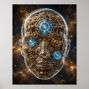 The Clockwork Mind — Gears and AI Brain Art Poster