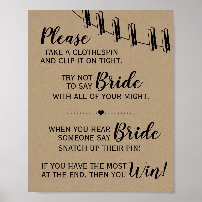 The clothespin game bridal shower rustic sign (Front)