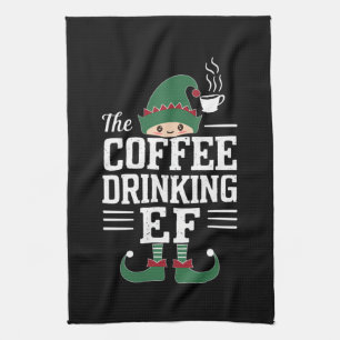 The Coffee Drinking Elf Family Matching Christmas Tea Towel