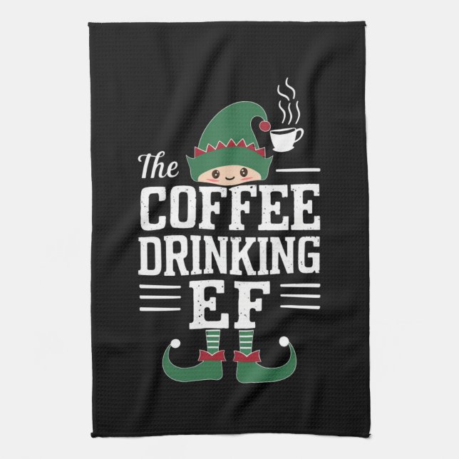 The Coffee Drinking Elf Family Matching Christmas  Tea Towel (Vertical)