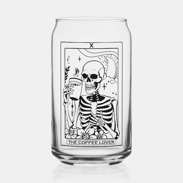 "The Coffee Lover" Skeleton Tarot Card Can Glass (Front)