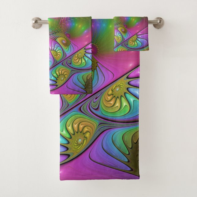 The Colourful Luminous Trippy Abstract Fractal Art Bath Towel Set (Insitu)