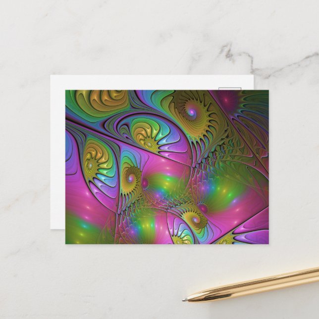 The Colourful Luminous Trippy Abstract Fractal Art Postcard (Front/Back In Situ)