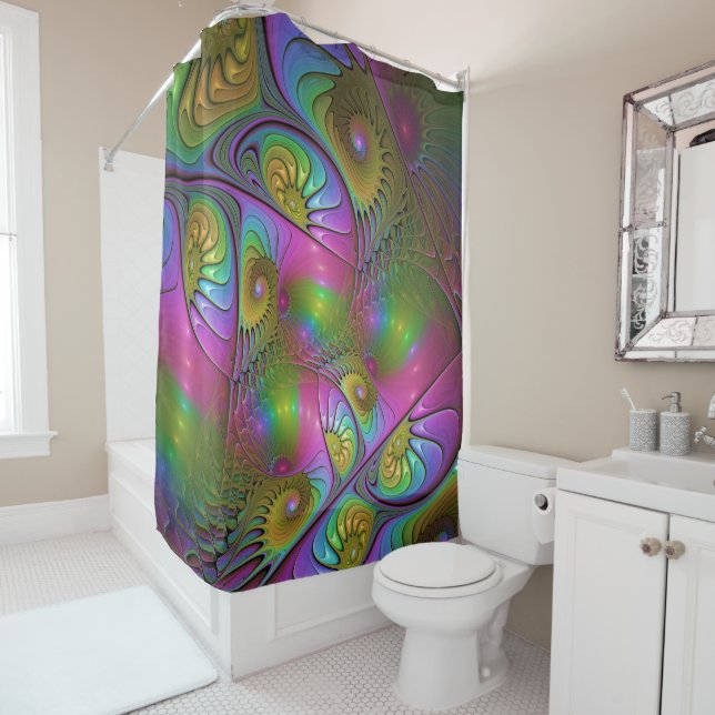 The Colourful Luminous Trippy Abstract Fractal Art Shower Curtain (In Situ)