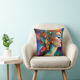 The Colourful Mermaid AI Art Portrait Cushion