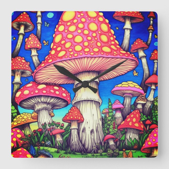 The Colourful Red and Yellow Mushrooms on a   Square Wall Clock (Front)