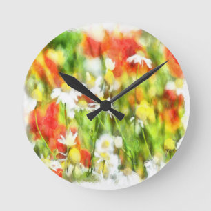 The Colours Of Spring On A Sunny Day Watercolor Round Clock