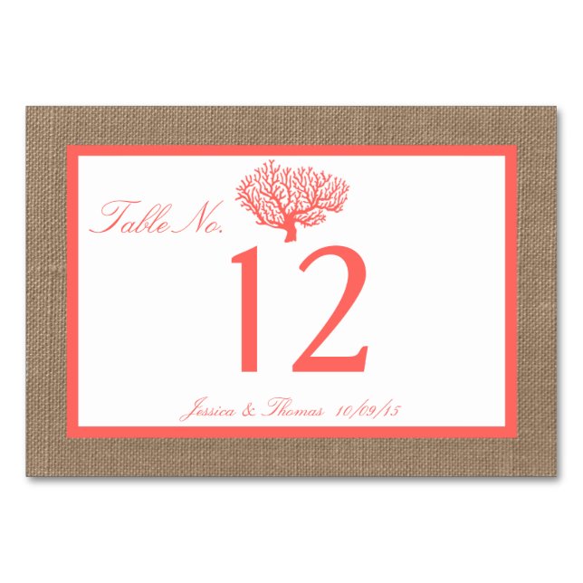 The Coral On Burlap Boho Beach Wedding Collection Table Number (Front)