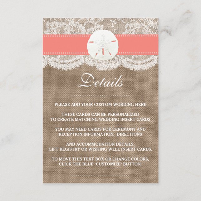 The Coral Sand Dollar Beach Wedding Collection Enclosure Card (Front)