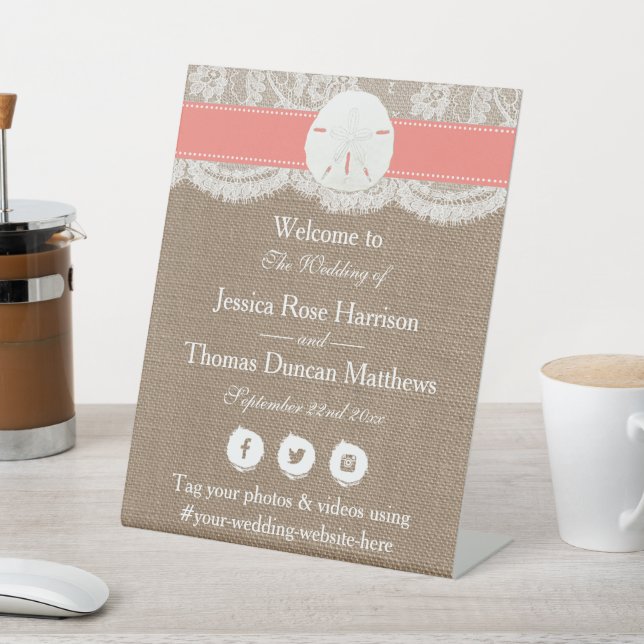 The Coral Sand Dollar Beach Wedding Collection Pedestal Sign (In SItu)