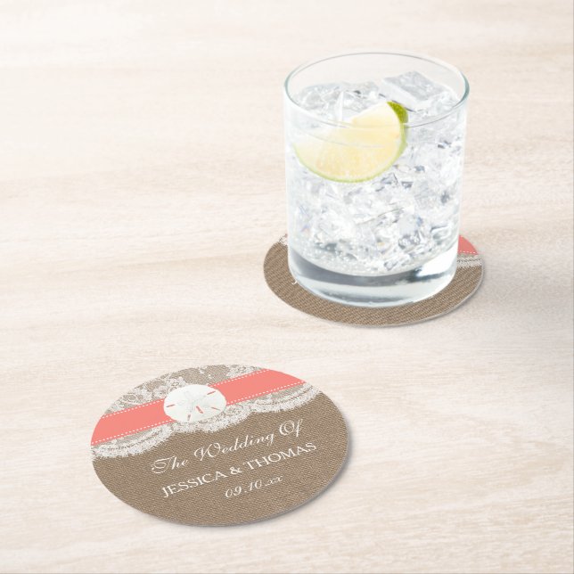 The Coral Sand Dollar Beach Wedding Collection Round Paper Coaster (Insitu)