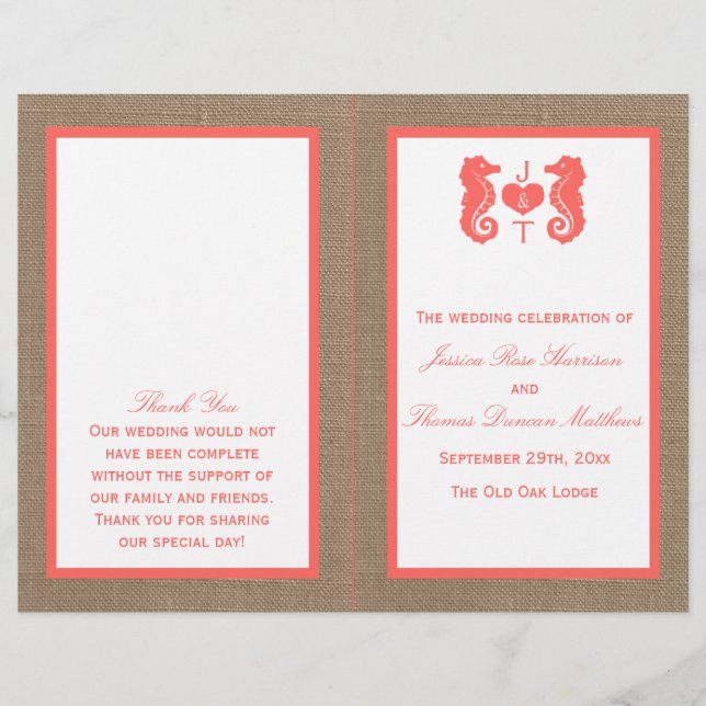 The Coral Seahorse Burlap Beach Wedding Collection (Front)