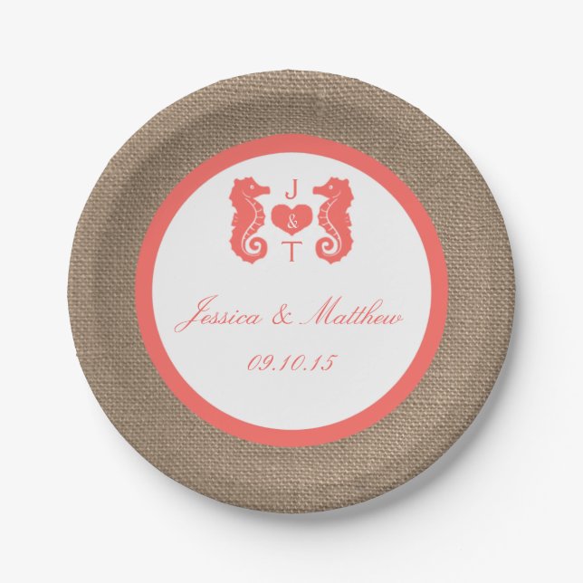 The Coral Seahorse Burlap Beach Wedding Collection Paper Plate (Front)