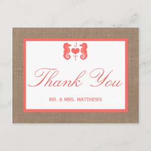 The Coral Seahorse Burlap Beach Wedding Collection Postcard