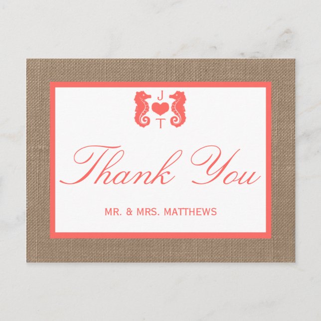The Coral Seahorse Burlap Beach Wedding Collection Postcard (Front)